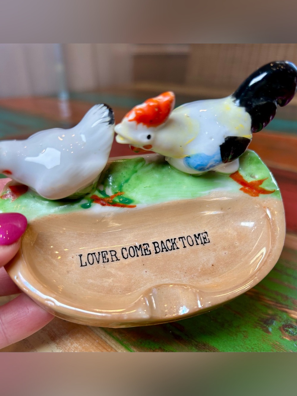 Retro 50s Japan Lusterware Rooster Chicken Tray Lover Come Back To Me - Picture 11 of 16